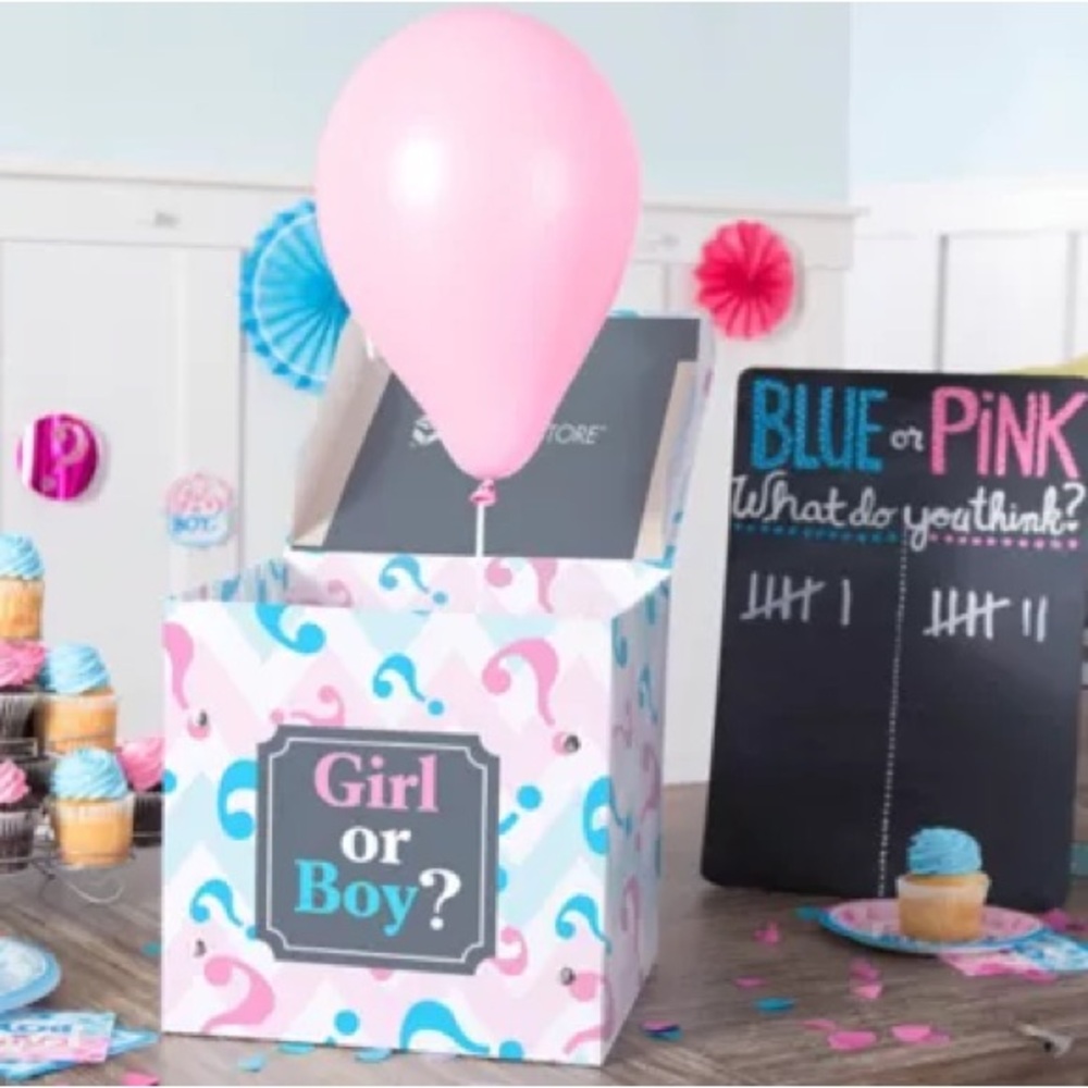 LARGE & small GENDER REVEAL PARTY CITY SNAP CLOSE BOXES w/SIDE RIBBON USED 1X 💕